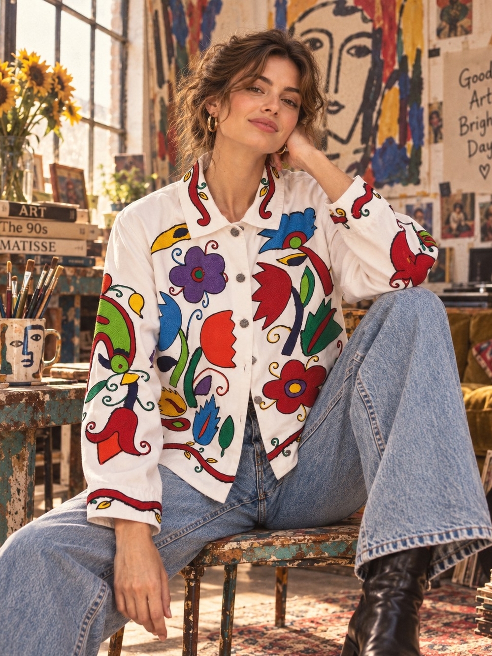 Vintage 90s Coldwater Creek Embroidered Bird Floral Jacket XL Boho Art to Wear